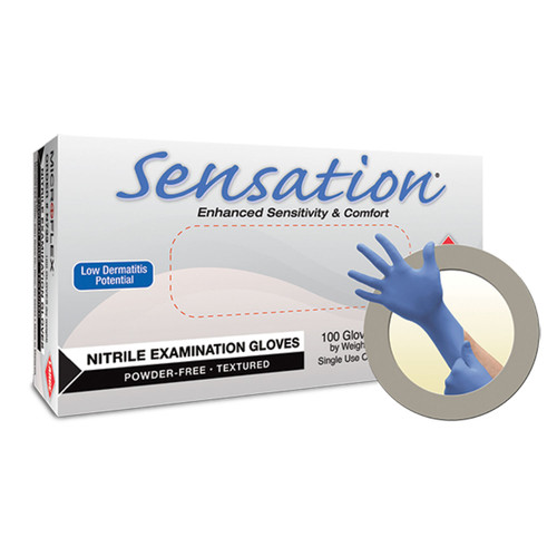 Ansell Microflex Sensation Powder-Free Nitrile Exam Gloves PF Nitrile, Textured Fingers, Blue, Medium, 100/bx, 10 bx/cs