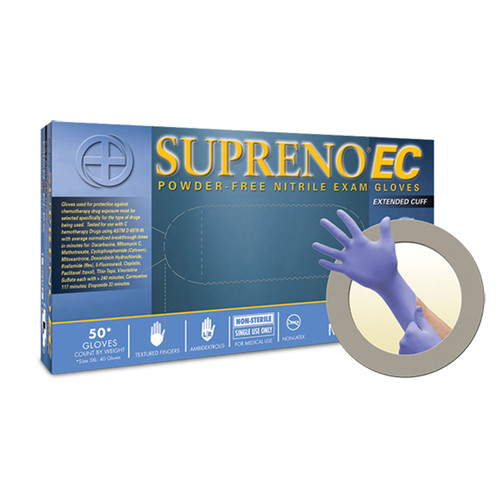Ansell Microflex Supreno Ec Powder-Free Extended Cuff Nitrile Exam Gloves Nitrile Extended Cuff, PF, Latex-Free, Textured Fingers, Blue, Medium, 50/bx; 10 bx/cs