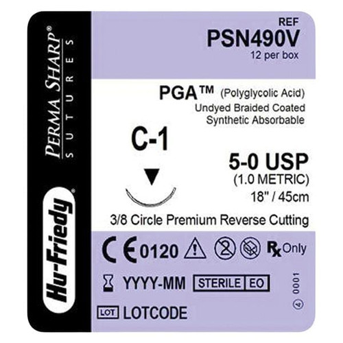Hu-Friedy Perma Sharp Sutures, PGA, Size 5-0, Undyed, Absorbable, 18", C-1, 3/8 Circle Premium, 12/bx
