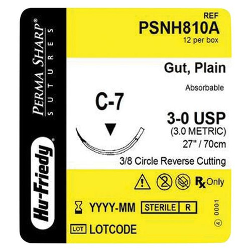 Hu-Friedy Perma Sharp Sutures, Plain Gut, Size 3-0, Absorbable, 27", C-7, 3/8 Circle, 12/bx