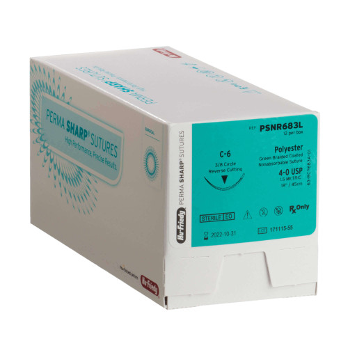 Hu-Friedy Perma Sharp Sutures, Polyester, Size 3-0, Non-Absorbable, Green, 27", D-14, 1/2 Circle, 12/bx