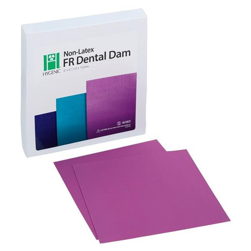 Four D Rubber Hygenic FR Dental Dam, 6x 6 (15 cm x 15 cm), Purple, Medium Gauge, Non-Latex, 30/bx