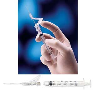 BD Safetyglide Syringe, 1ml, 25G x 5/8" Shielding Subcutaneous Injection Needle, Regular Bevel, Regular Wall, Detachable Needle, 50/bx, 8 bx/cs
