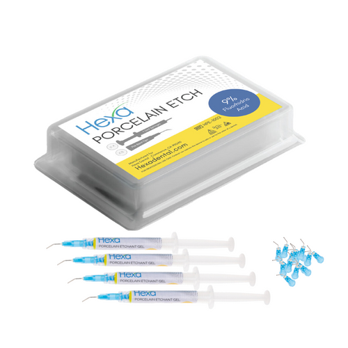 Hexa Porcelain Etch Gel, 9% Hydrofluoric Acid,  4 X 2ml Syringe &   8 Pre-Bent Tips