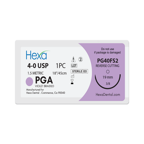 Hexa PGA Violet Braided Suture, C6 Reverse Cutting Needles, Size 4/0, Needle 19mm, Length 18", 12/bx