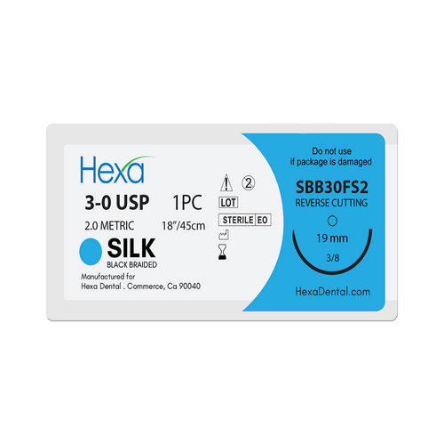 Hexa Silk Suture, C6 Reverse Cutting Needles, Size 3/0, Needle 24mm, Length 18", 12/bx