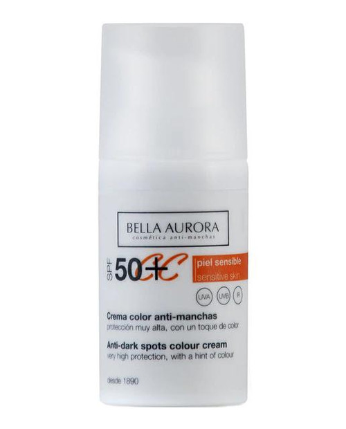 Crema color SPF50+ anti-manchas piel sensible bella aurora