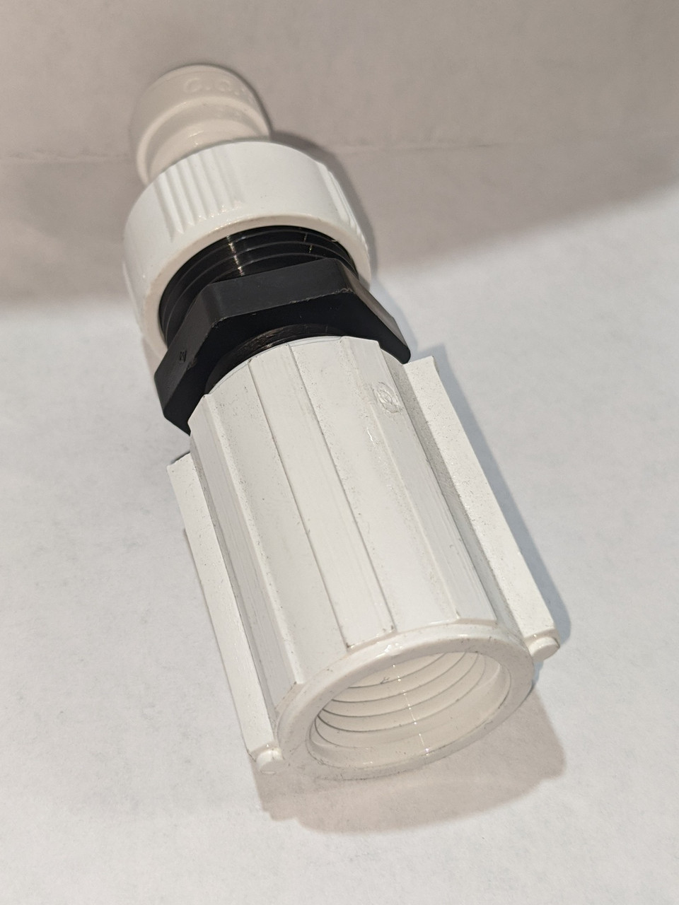 (part 1) 3/8" Poly quick connect x (part 2)Female Garden Hose, (part 3) Male Garden Hose x  1/2" Male pipe Thread x 1/2" FPT x 1/2" FPT coupler

Final connection 3/8" Quick connect x 1/2" FPT 