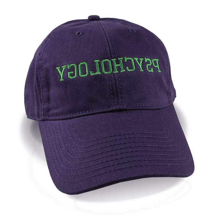 A humorous reversed psychology typographic header in neon green embroidery design on a stylish adjustable unstructured baseball cap in deep purple.