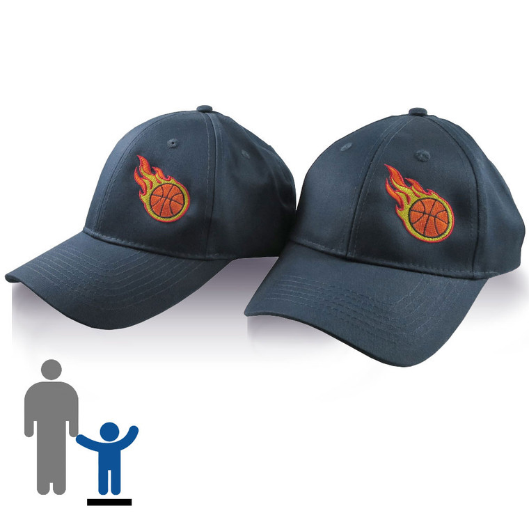 A Pair of Sporty Basketball Fire Bullet Embroidery Designs on 2 Navy Blue Adjustable Structured Baseball Caps.