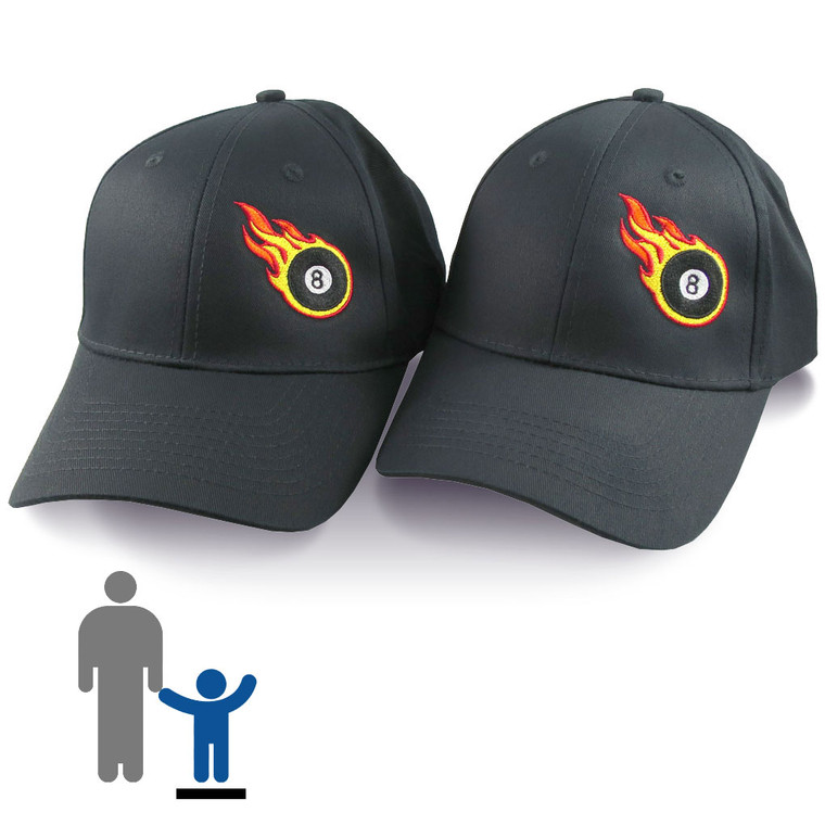 Pair of Sporty Billiard 8 Ball Fire Bullet Embroidery on 2 Black Adjustable Structured Baseball Caps.