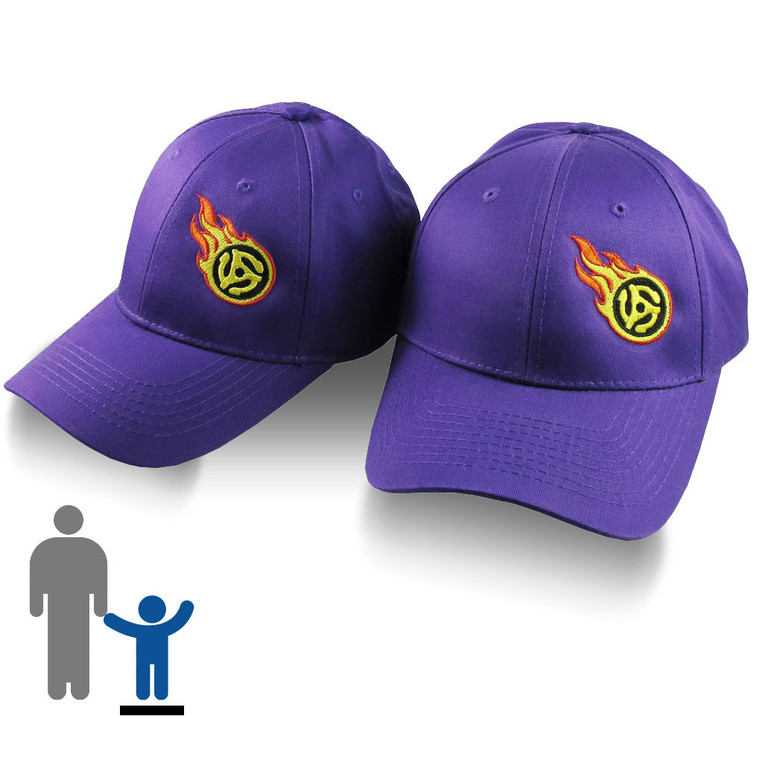 Pair of Disc Jockey 45 Spacer Fire Bullet Embroidery on Purple Baseball Caps for Adult + for Child Age 6-12.