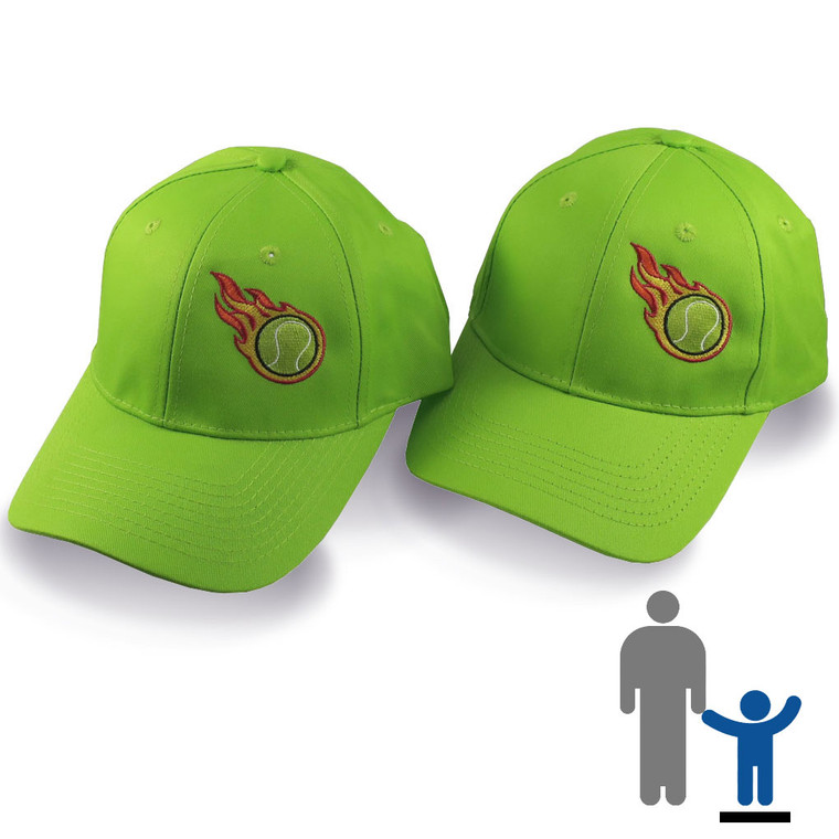 A Pair of Sporty Tennis Fire Bullet Embroidery Designs on 2 Lime Green Adjustable Structured Baseball Caps.