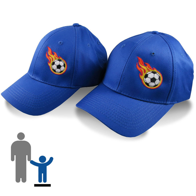 Pair of Sporty Soccer Ball Fire Bullet Embroidery on 2 Royal Blue Adjustable Structured Baseball Caps.