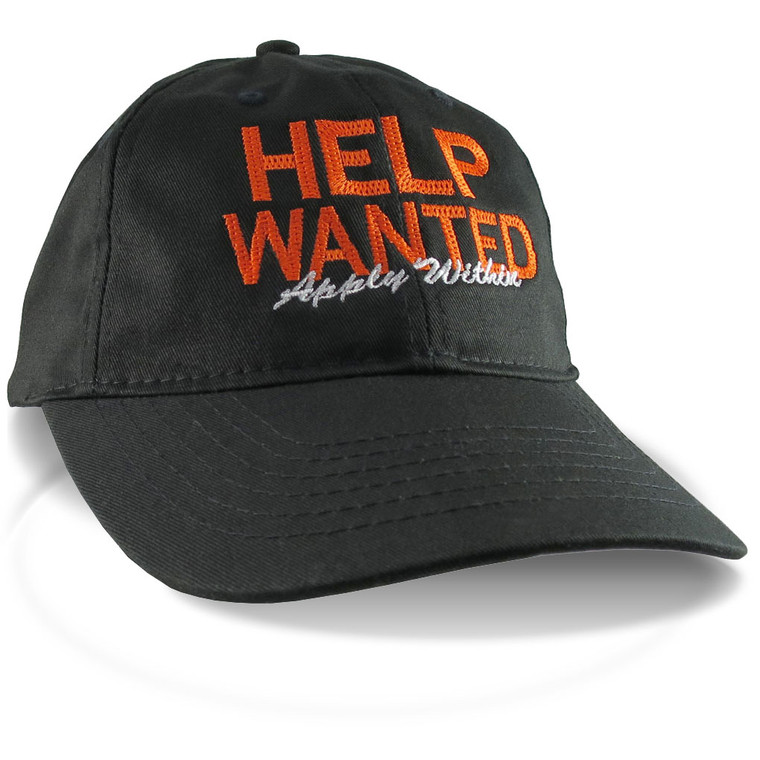 Help Wanted Apply Within Embroidery on a Black Casual Baseball Cap.