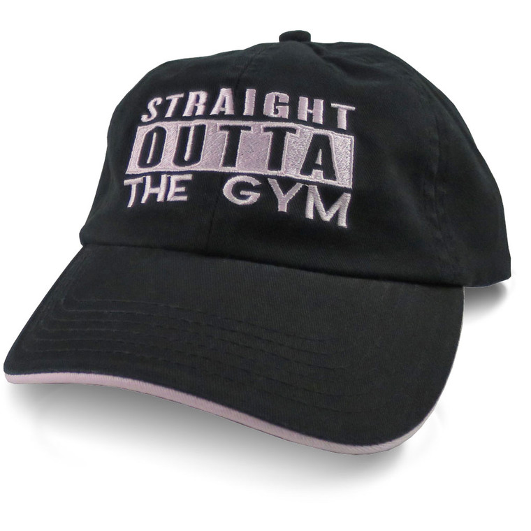 Straight Outta The Gym Pink Embroidery on a Black and Pink Dad Hat.