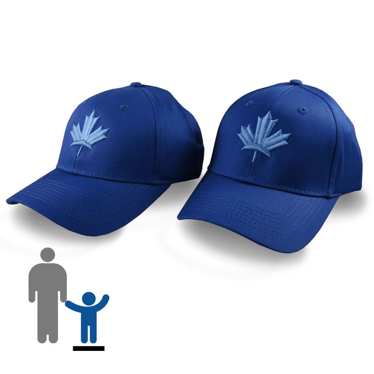 Pair of Canadian Blue Maple Leaf 3D Puff Style Embroidery on Royal Blue Baseball Caps.