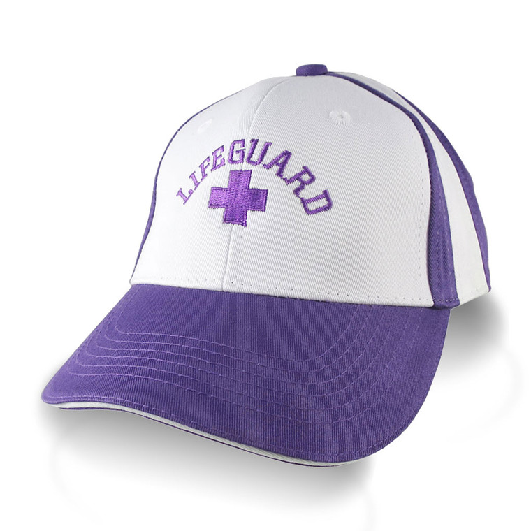 Beach Swimming Pool Lifeguard Embroidery on Adjustable Purple and White Structured Baseball Cap.
