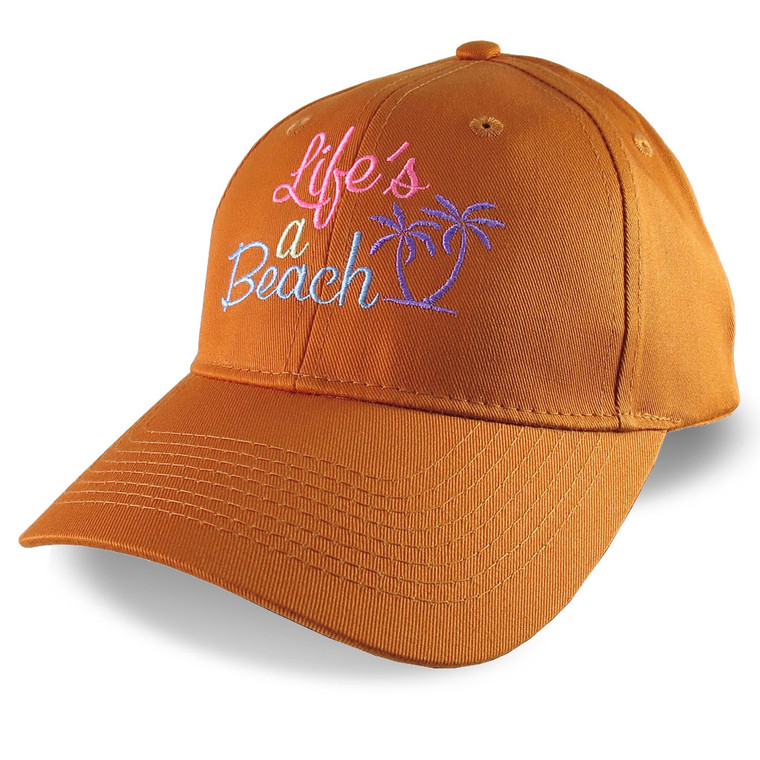 Life's a Beach Embroidery on a Burnt Orange Casual Baseball Cap.