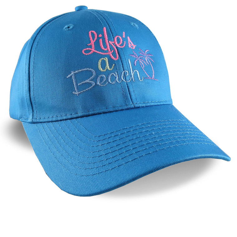 Life's a Beach Embroidery on a Sky Blue Casual Baseball Cap.