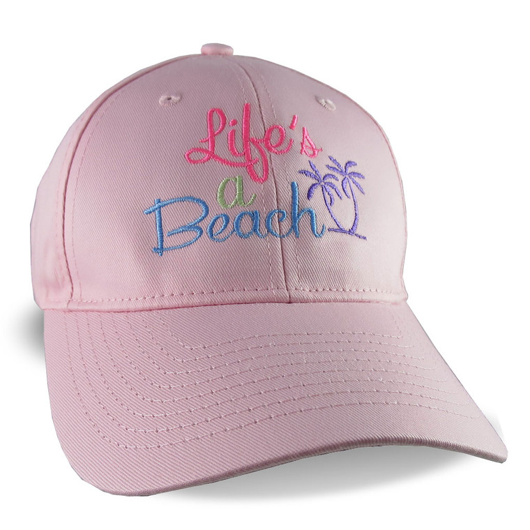 Life's a Beach Embroidery on a Light Pink Casual Baseball Cap.