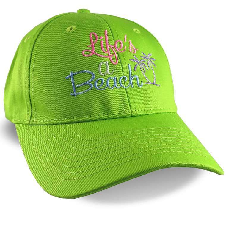Life's a Beach Embroidery on a Lime Green Casual Baseball Cap.