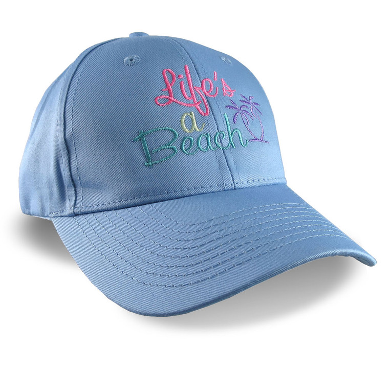 Life's a Beach Embroidery on a Baby Blue Casual Baseball Cap.