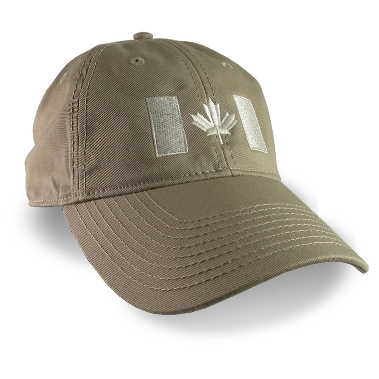 Canadian Flag Embroidery on a Khaki Beige Unstructured Baseball Cap.