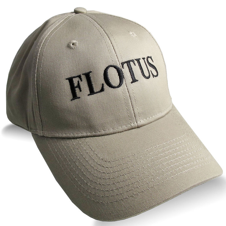 FLOTUS Typography First Lady of the United States on an Adjustable Structured Beige Baseball Cap.