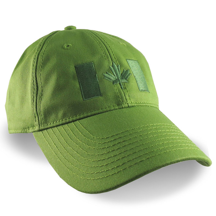 Canadian Flag Embroidery on a Moss Green Unstructured Baseball Cap.