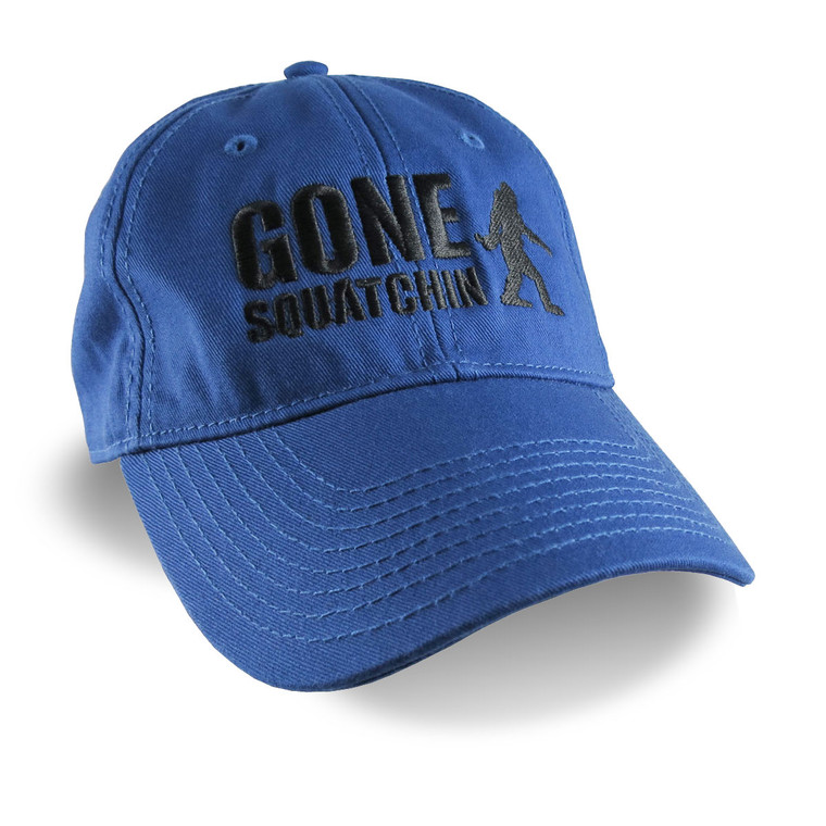 Gone Squatchin Humorous Sasquatch Bigfoot Silhouette Embroidery on an Adjustable Royal Blue Unstructured Baseball Cap.