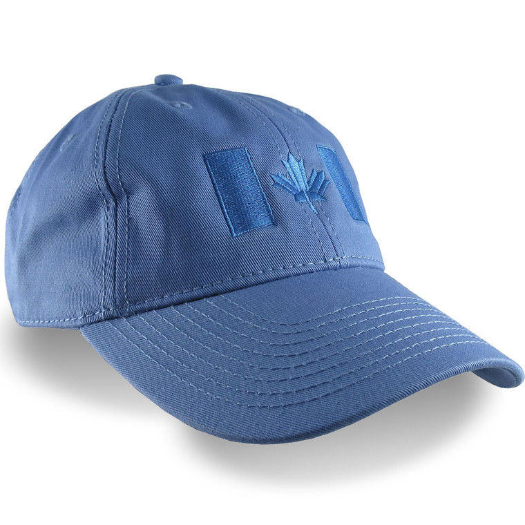 Canadian Flag Embroidery on a Sky Blue Unstructured Baseball Cap.