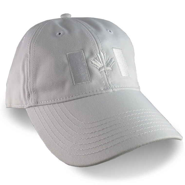 Canadian Flag Embroidery on a White Unstructured Baseball Cap.