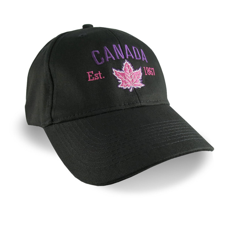 Canada Established 1867 Retro Style Maple Leaf Purple and Fuchsia Embroidery on an Adjustable Black Structured Baseball Cap.