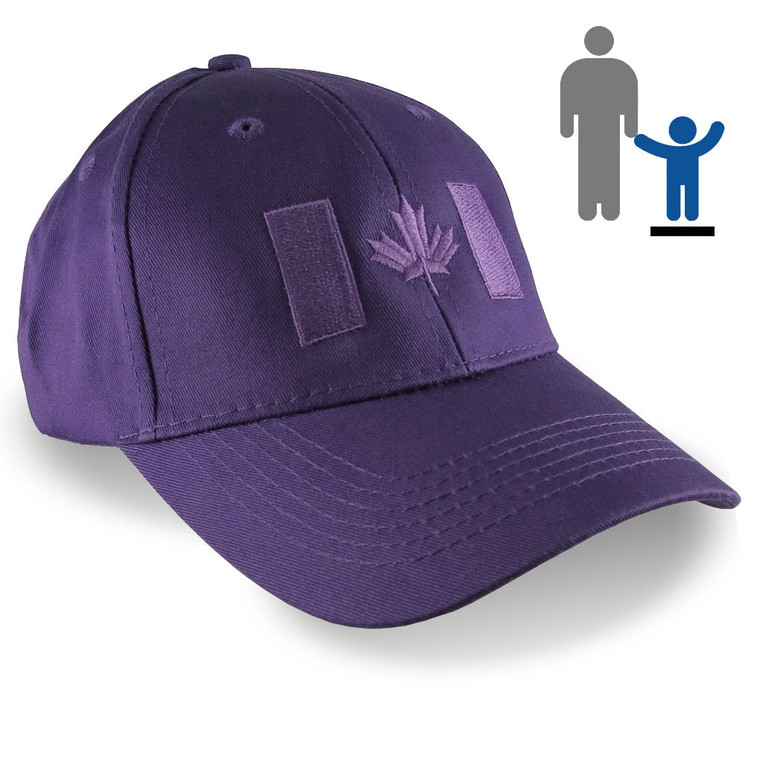 Canadian Flag Embroidery on a Purple Adjustable Structured Baseball Cap for Kids.