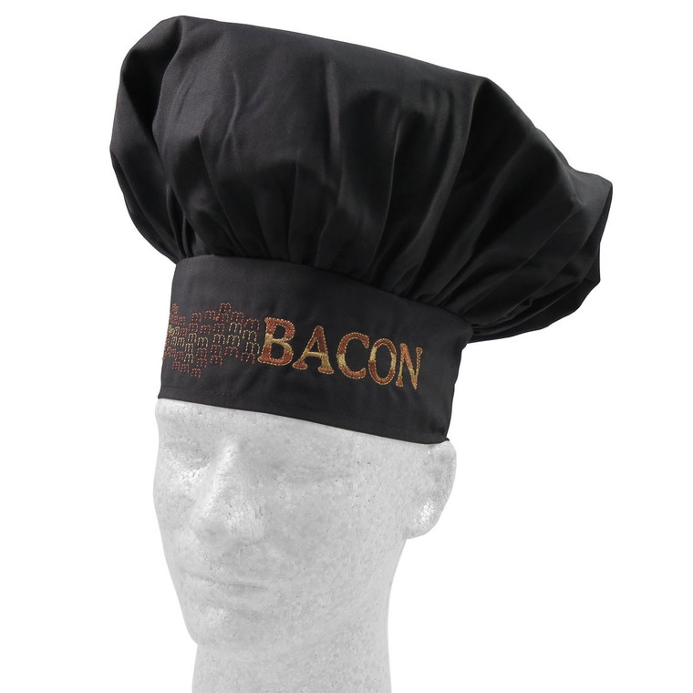 Bacon Embroidery on an Adjustable Restaurant Wear Black Chef Hat Toque.