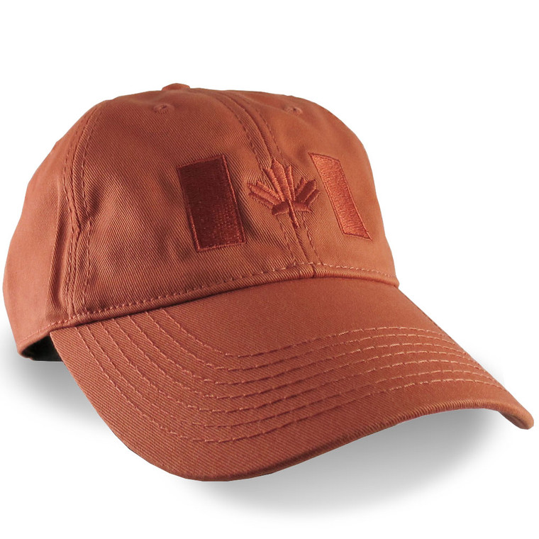 Canadian Flag Embroidery on a Burnt Orange Unstructured Baseball Cap.