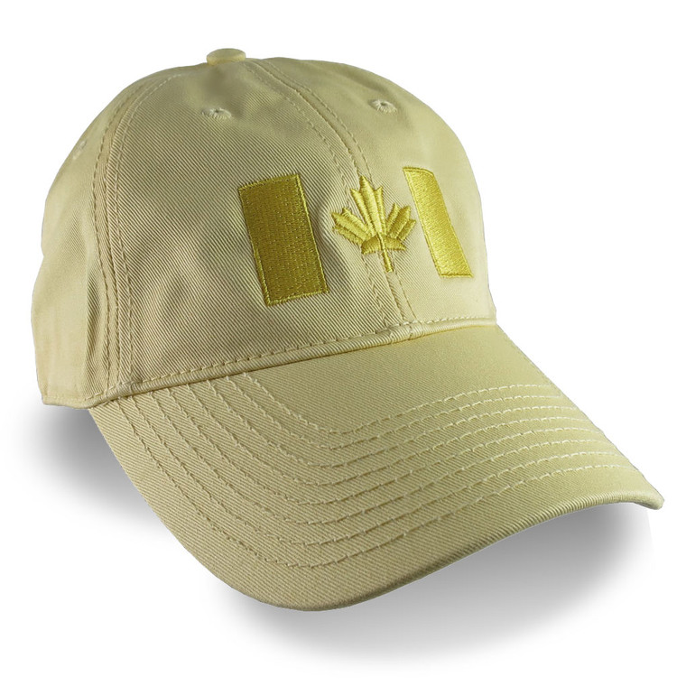 Canadian Flag Embroidery on a Pastel Yellow Unstructured Baseball Cap.