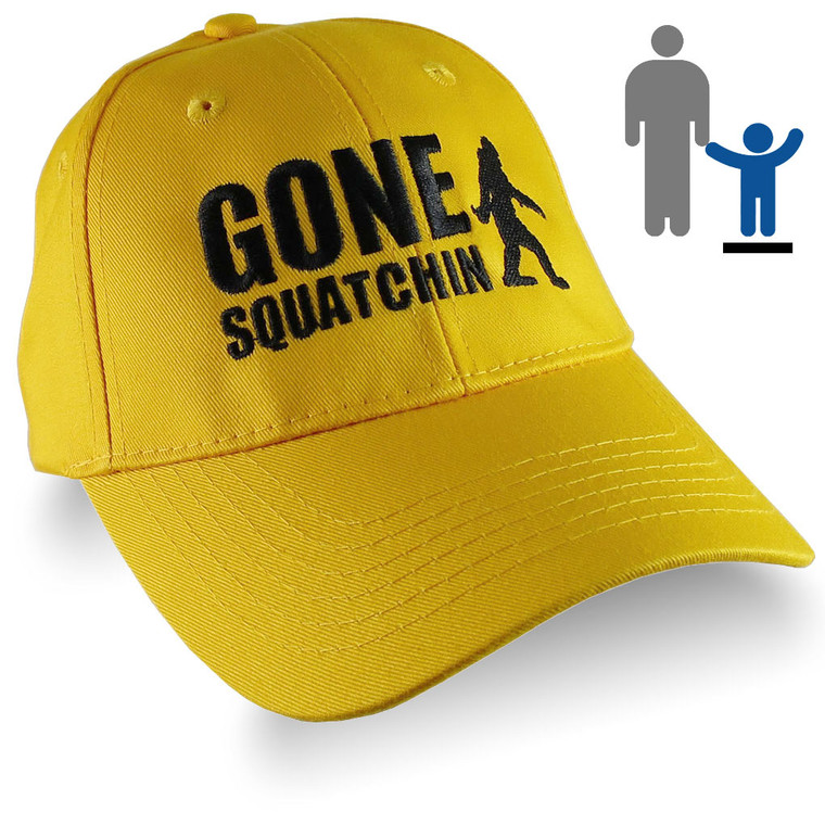Gone Squatchin Black Sasquatch Bigfoot Embroidery on a Yellow Child Size Baseball Cap.