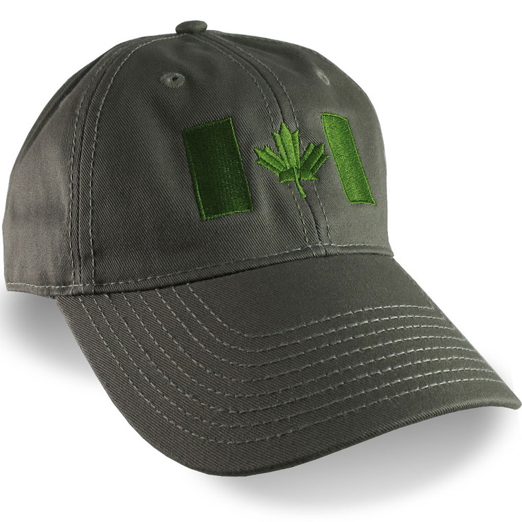 Canadian Flag Embroidery on a Khaki Green Unstructured Baseball Cap.