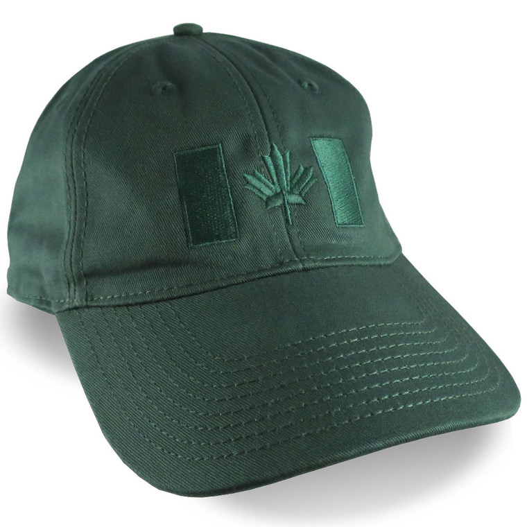 Canadian Flag Embroidery on a Forest Green Unstructured Baseball Cap.