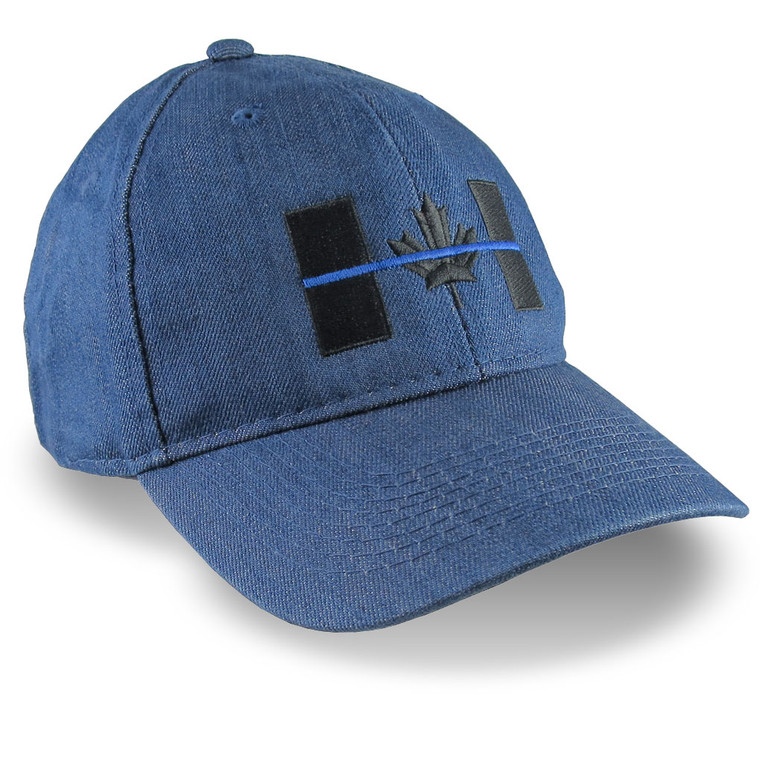 Canadian Flag Blue Line Embroidery on a Blue Denim Baseball Cap.