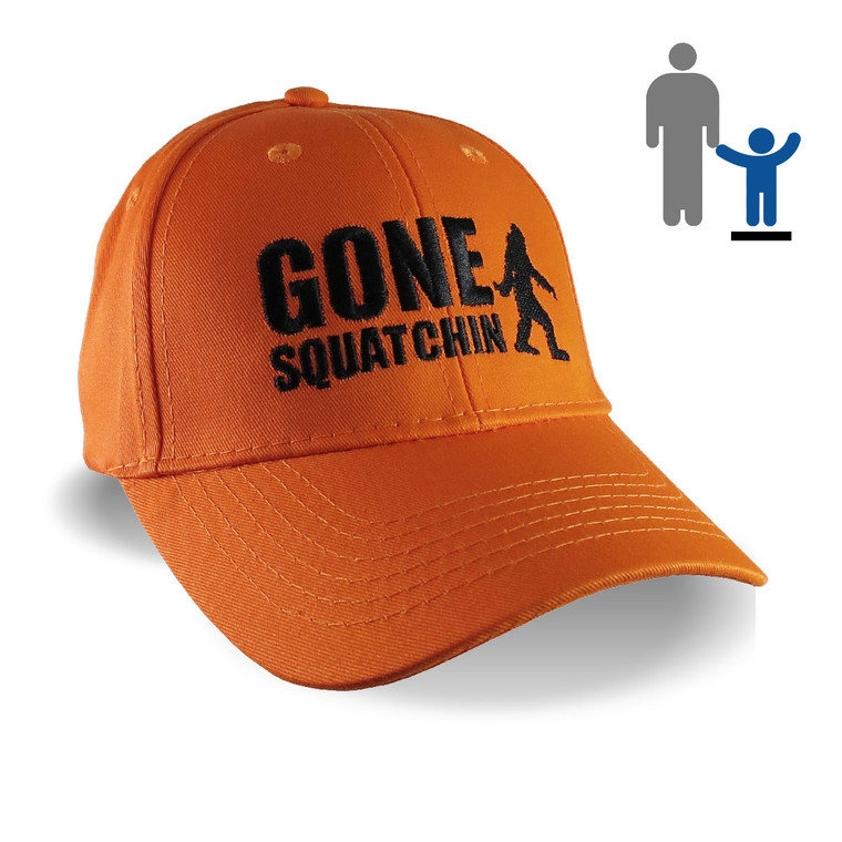 Gone Squatchin Sasquatch Bigfoot on an Orange Adjustable Baseball Cap for Kids Age 6 to 12.