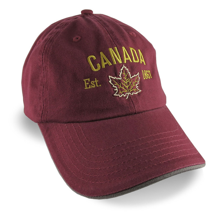 Canada Retro Maple Leaf Embroidery on a Burgundy Red Baseball Cap.