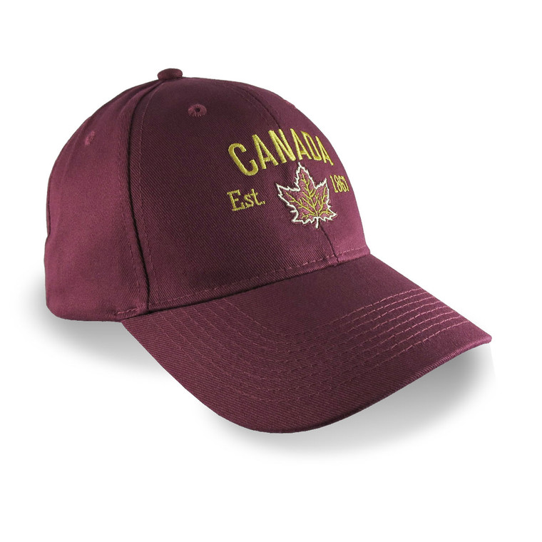 Canada Retro Maple Leaf Embroidery on a Burgundy Red Baseball Cap.