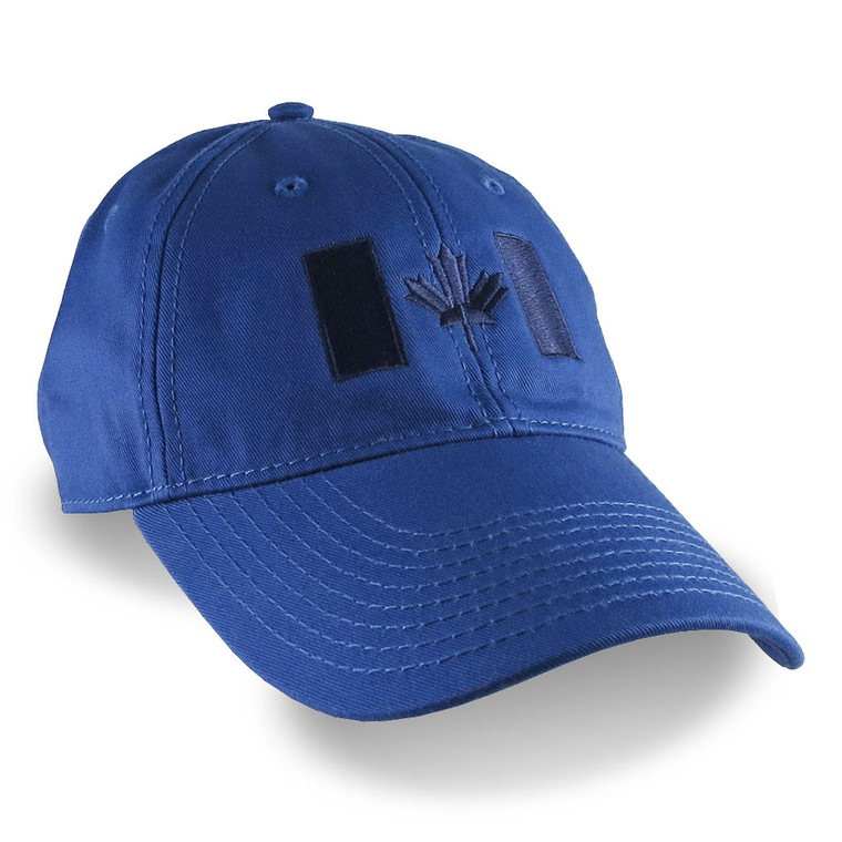 Canadian Flag Embroidery on a Royal Blue Unstructured Baseball Cap.