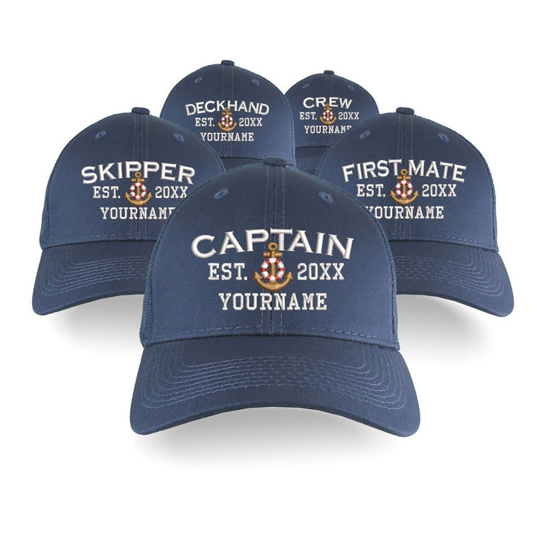 Your Personalized Captain First Mate Skipper Crew Embroidery on an Adjustable Navy Blue Structured Trucker Style Mesh Snapback Ball Cap