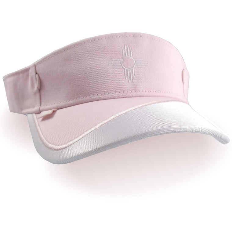 A fashion visor in pink and white. A New Mexico State Flag Zia Sun embroidery design done in white for a subtle look.
