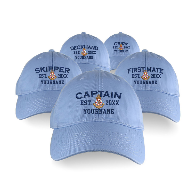 Custom Personalized Captain First Mate Skipper Deckhand Crew Embroidery on an Adjustable Unstructured Baby Blue Baseball Cap with Option