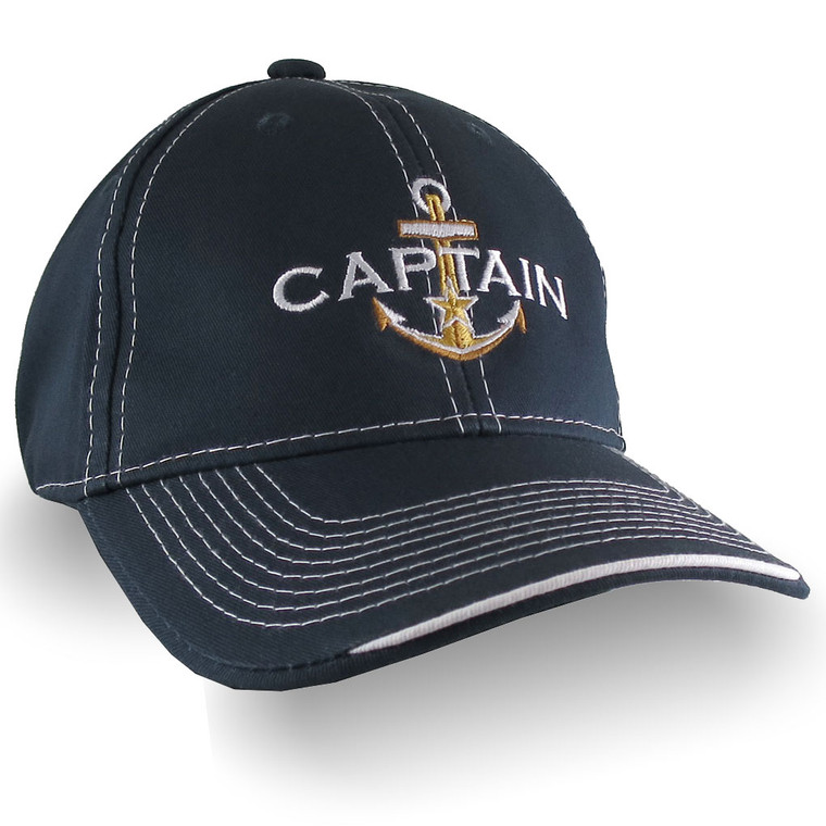 Nautical Star Golden Anchor Boat Captain Embroidery on an Adjustable Navy Blue Structured Baseball Cap with Options to Personalize The Hat